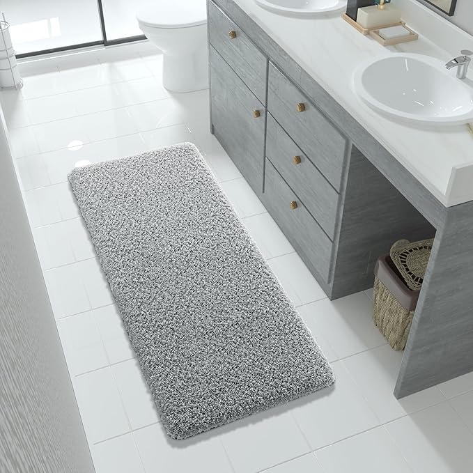 Yimobra Fluffy Plush Bath Rug, Super Shaggy Soft Comfortable Non Slip, Water Absorbent Microfiber Bath Mat, Dries Quickly, Machine Washable Thick Bathroom Rugs for Shower, 56"x 24", Pure Gray