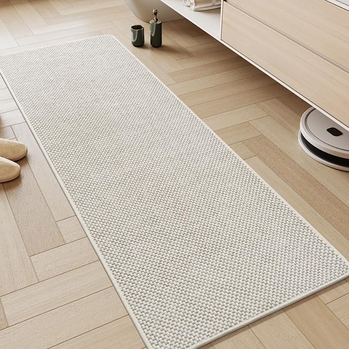AMOAMI Chenille Bath Mat Super Absorbent Bathroom Mat Quick Dry Low Pile Bath Mats for Bathroom Washable Rubber Backed Bathroom Runners Fit Under Door, Front of Bathtub, Sink, Beige&White 17"x59"
