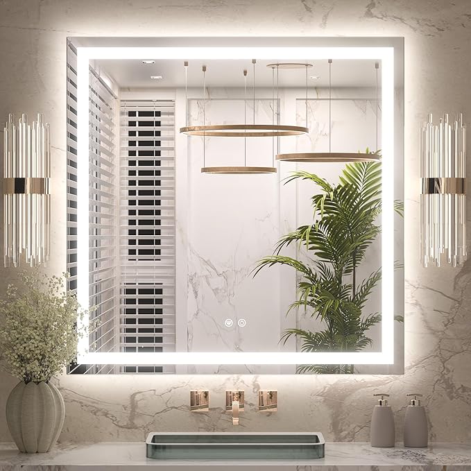 Keonjinn LED Bathroom Mirror with Lights 36" x 36", Frontlit & Backlit LED Mirror for Bathroom Wall with Dimmable 3-Color Lights, Anti-Fog Mirror with HD Tempered Glass, UL-Listed LED Driver