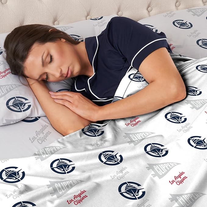 Northwest Officially Licensed Los Angeles Clippers NBA Queen Size Sheet Set – Soft Team Logo Bedding for Dorms, Bedrooms, Fan Caves & Game Day Style