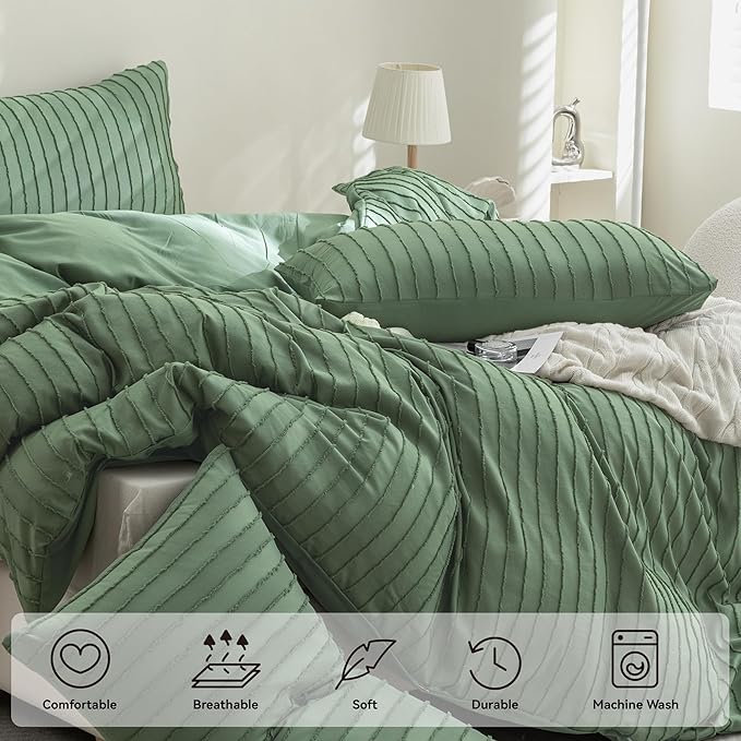 JELLYMONI Duvet Cover Oversized Queen Size Green - 3PCS Boho Striped Duvet Cover Set Polyester Tufted Bohemian Textured Comforter Cover 98×98in with Corner Ties & Zipper and 2 Pillowcases