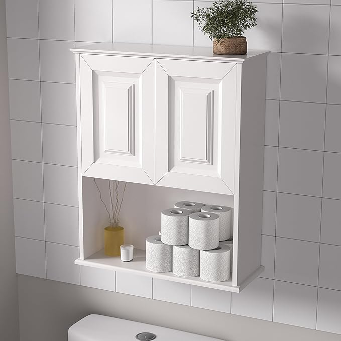 Bathroom Wall Cabinet Wooden with 2 Doors,Over the Toilet Storage Cabinet,Bathroom and Laundry Wall Mount Storage Medicine Cabinet with Open and Adjustable Shelf,Easy Assembly (Style B-1 PC, White)