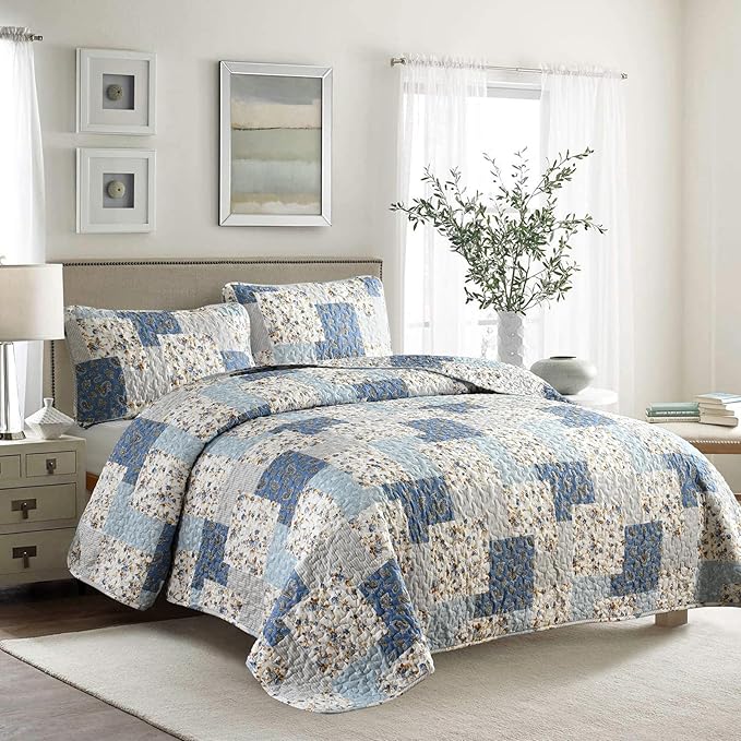 Mybedsoul Light Blue Quilt Set Queen Size, 3 Pieces Boho Plaid Floral Bedspread Set Microfiber Lightweight Bohemian Bedding Bedspread Coverlet Set for All Season 90"x96"
