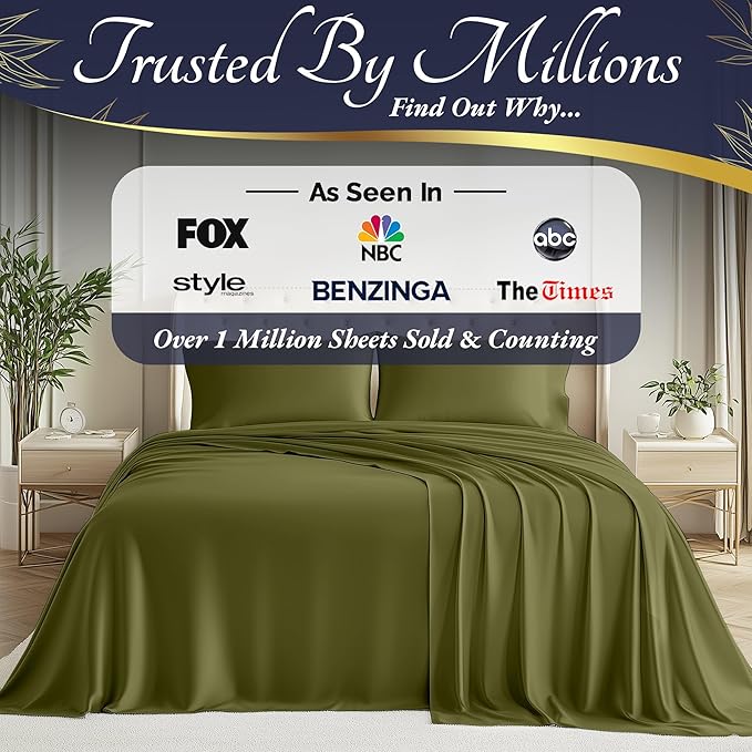 DECOLURE 100% Viscose Derived from Bamboo Sheets Cal King Size 4pcs - Ultra Soft & Luxuriously Cooling,17" Deep Pocket,Double Stitching,Perfect for Hot Sleepers - King Bed Sheets (Light Olive)