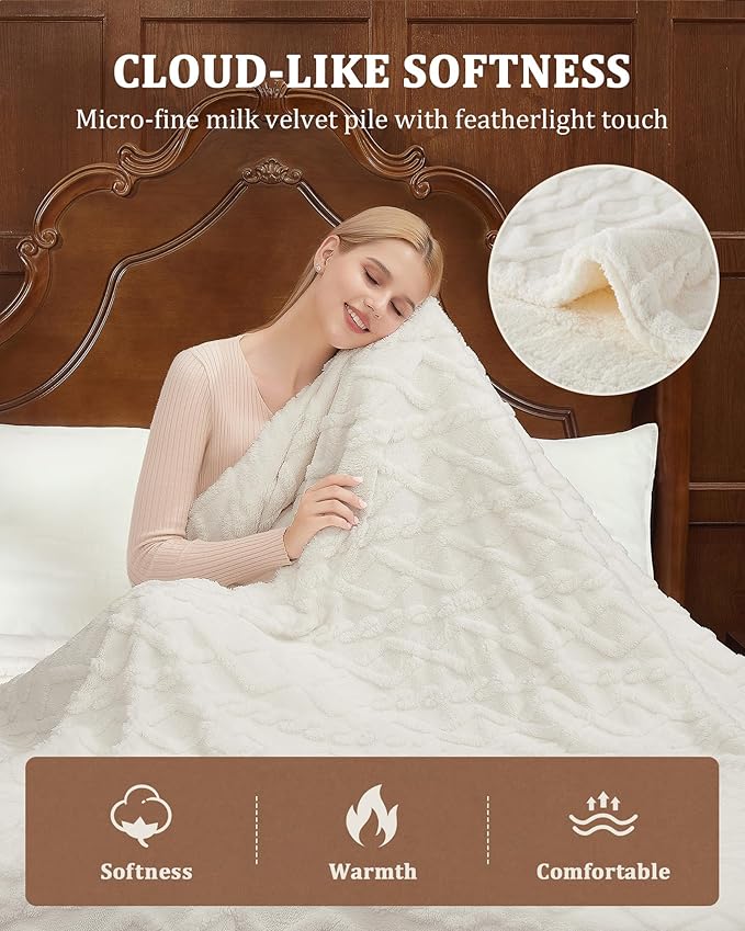CAROMIO Electric Blanket Queen Size Dual Control - Thick Tufted Sherpa Heated Blanket Queen with 10 Heating Levels and 10 Time Settings, ETL Certified Fast Heating Blanket Queen Size 84"×90", White