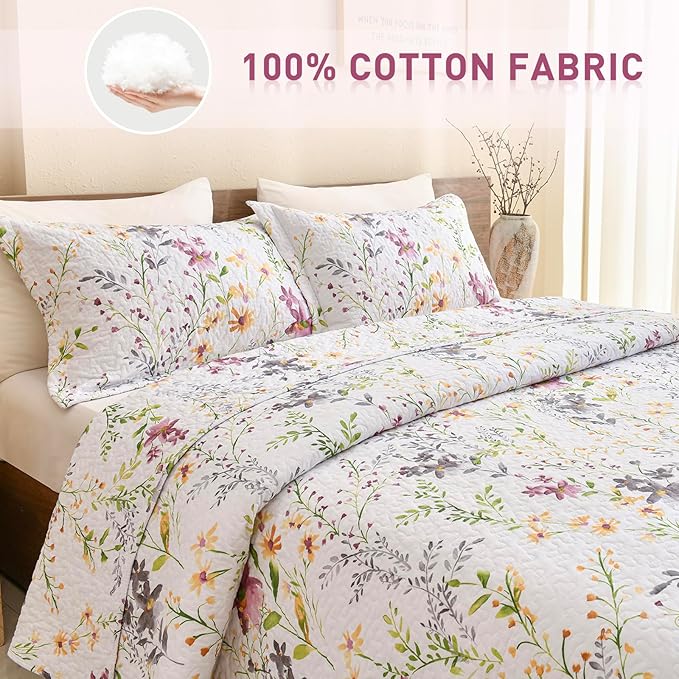 Lady Ann Oversized Cal King Bedspreads for Extra Bed 120x120, Wild Floral Printed Quilt Set 100% Cotton Flower Botanical Pattern Bedding, Vintage Coverlet with Pillow Shams for All Season, 3 PCS