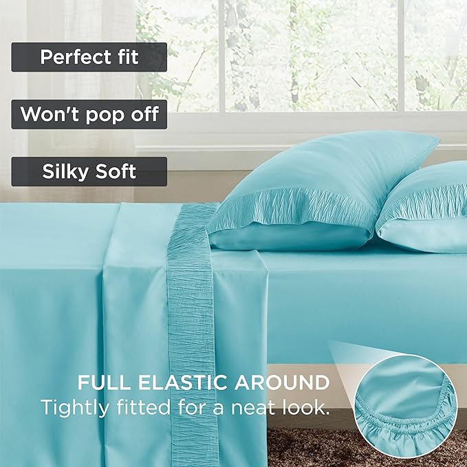 Bedsure Queen Sheet Set - 4 Pieces Soft Queen Size Sheets - Breathable & Cooling - Hotel Luxury - Easy Care Polyester Microfiber Bedding for Women, Men, Spa Blue