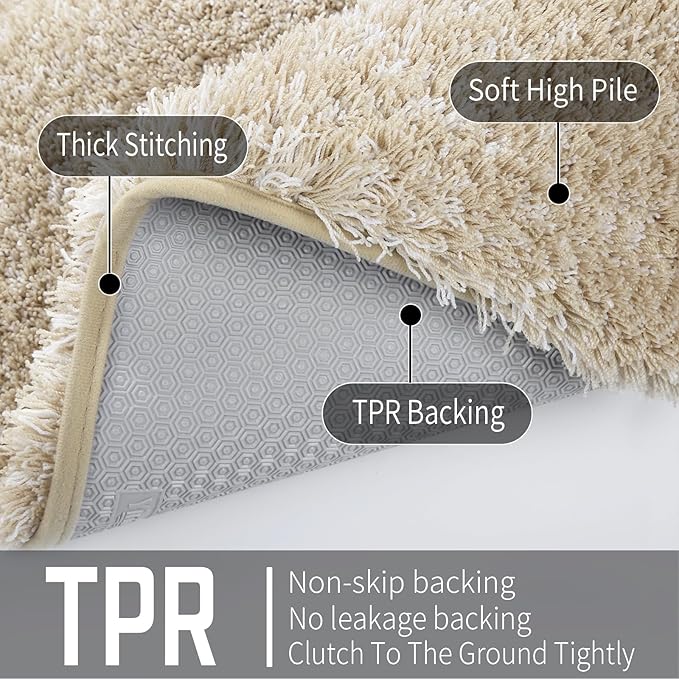 Yimobra Toilet Rugs U Shaped 24x20, Ultra Soft and Water Absorbent Bath Mats, Non Slip Fluffy Luxury Microfiber Contour Bath Rugs for Toilet, Dry Quick, Machine Washable, Light Beige and White