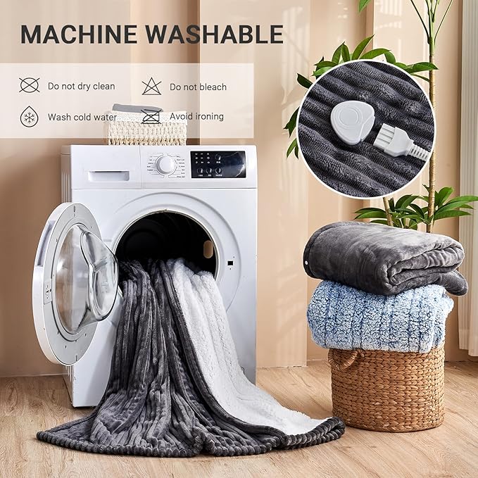 Heated Blanket Electric Throw, Soft Flannel Heating Blanket with 8 Hours Auto Off 10 Fast Heating Levels Machine Washable Sherpa Heated Blanket with Overheating Protection