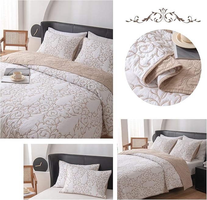 ROOMLIFE Country Quilt Bedspread & Coverlet King Size - Lightweight Vine Embroidery Pattern Reversible Bedding Set, Modern Style All Season - 3 Piece (1 Quilt, 2 Pillow Shams)