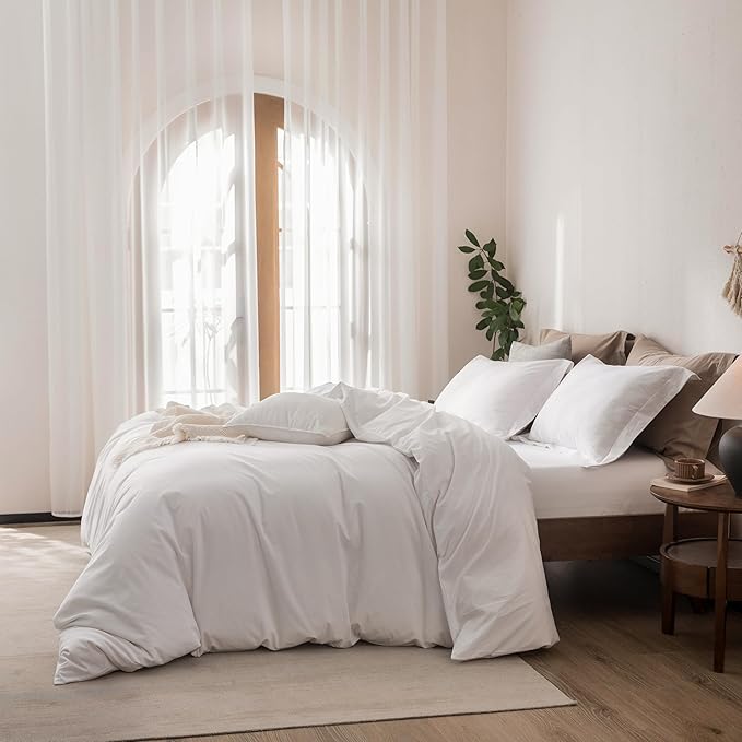 Linen Feel Duvet Cover King Size 104inch x 90inch,100% Washed Cotton Duvet Cover with Zipper Closure and 2 Pillowcases, Color of Bright White