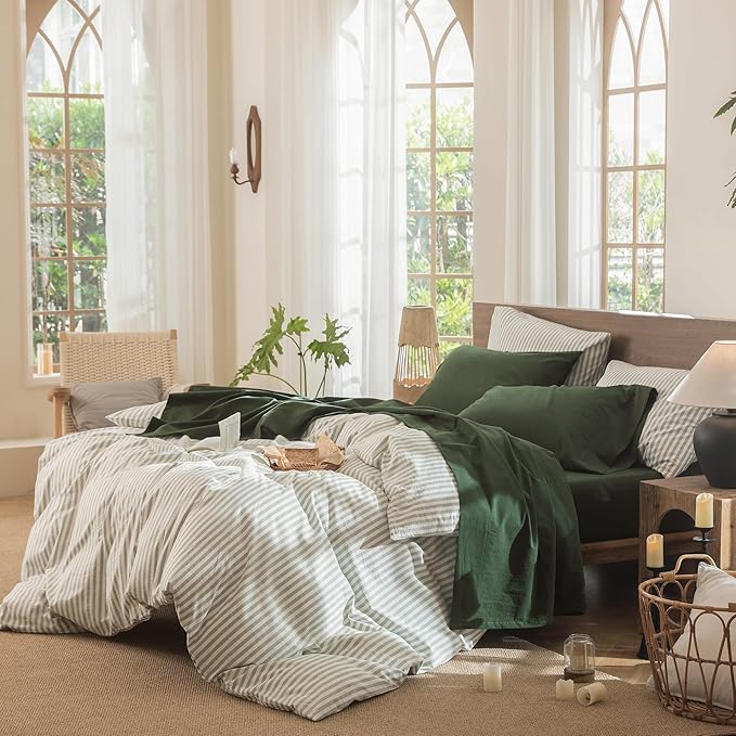 MooMee Bedding Sheet Set 100% Washed Cotton Linen Like Textured Breathable Durable Soft Comfy (Solid Forest Green, California King)