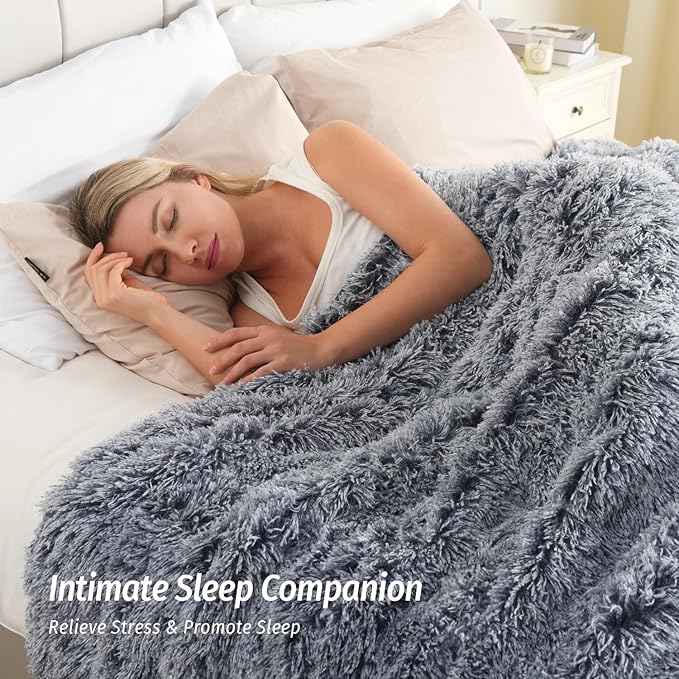 Wemore Shaggy Long Fur Faux Fur Weighted Blanket, Cozy and Plush Sherpa Long Hair Blanket for Adult 20lbs, Fluffy Fuzzy Sherpa Reverse Heavy Blanket for Bed, Couch, Backprint Navy Blue, 60 x 80 Inches
