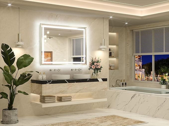 TETOTE 48 x 36 Bathroom LED Mirror Brushed Bright Nickel Metal Frame Frontlit & Backlit Vanity Mirror Stepless Dimmable Anti-Fog 3 Colors White/Warm/Natural Light up Vanity Mirror Wall-Mounted