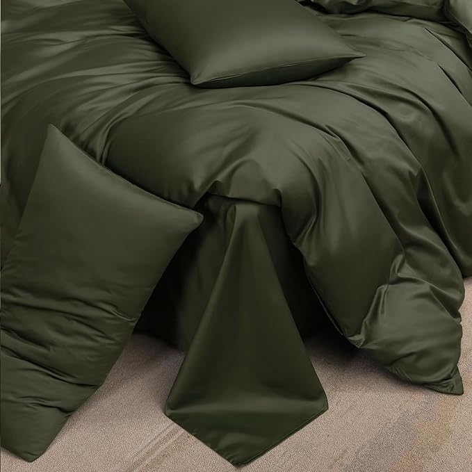 MooMee Duvet Cover Set 100% Extra Long Staple Cotton 600 Thread Count Silky Sateen Smooth Luxury Soft Breathable Durable Hotel Quality Bedding, 3 Pieces (Olive Green, Queen 90"x90")