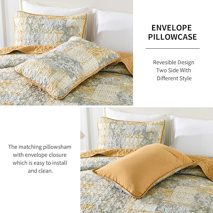 Mybedsoul Yellow Boho Quilt Set King Size 3 Pieces Grey and Yellow Plaid Floral Bedding Set Microfiber Lightweight Bohemian Patchwork Bedspread Coverlet Set for All Season 90"x104"