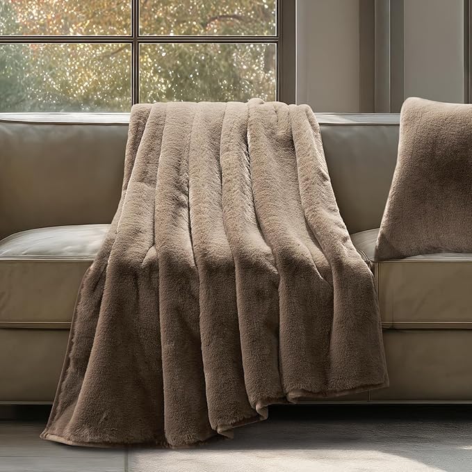 EVERGRACEHOME Ultra Soft Luxury Fluffy Mink Faux Fur Throw Blanket, Thick Warm Fall Winter Blankets for Bed, Couch, Cozy Plush Reversible Blanket for Chair, Sofa (Natural Tan, 50"x60")