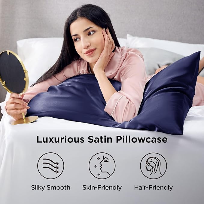 Bedsure King Size Satin Pillowcase Set of 2 - Navy Silky Pillow Cases for Hair and Skin with Envelope Closure, Similar to Silk Pillow Cases, Gifts for Women Men, 20x36 Inches, 2pcs