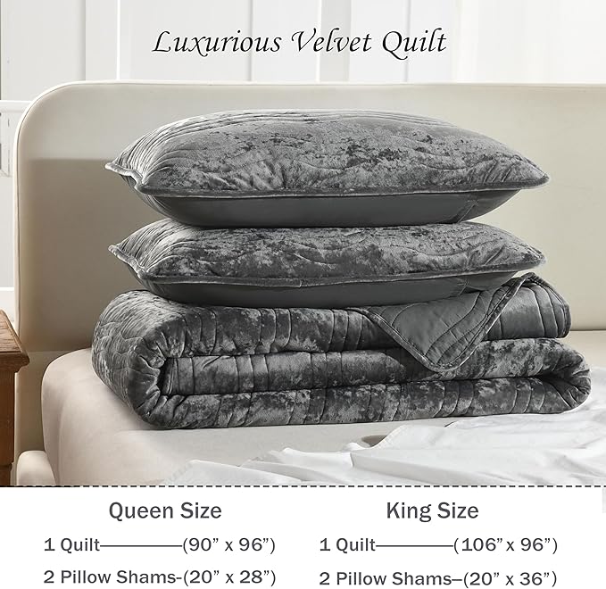 Velvet Quilt Set, Grey Velvet Quilt King Size Comforter Set, Luxury Bedding Soft Plush Bedspread, Machine Washable Coverlet, All-Season 3 Pieces