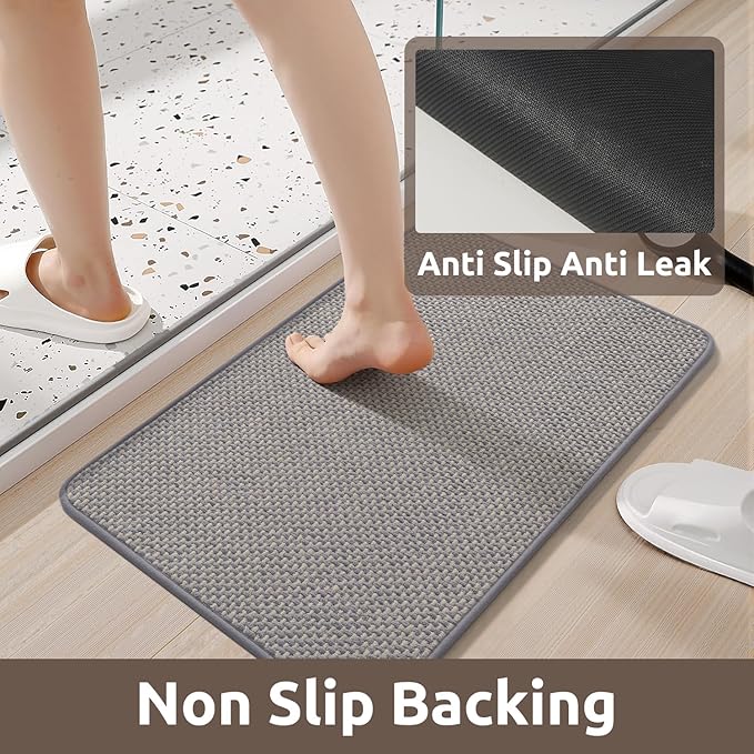 AMOAMI Chenille Bath Mat Super Absorbent Bathroom Mat Quick Dry Low Pile Bath Mats for Bathroom Washable Rubber Backed Bathroom Runners Fit Under Door, Front of Bathtub, Sink, LIGHTGREY&Beige 17"x59"