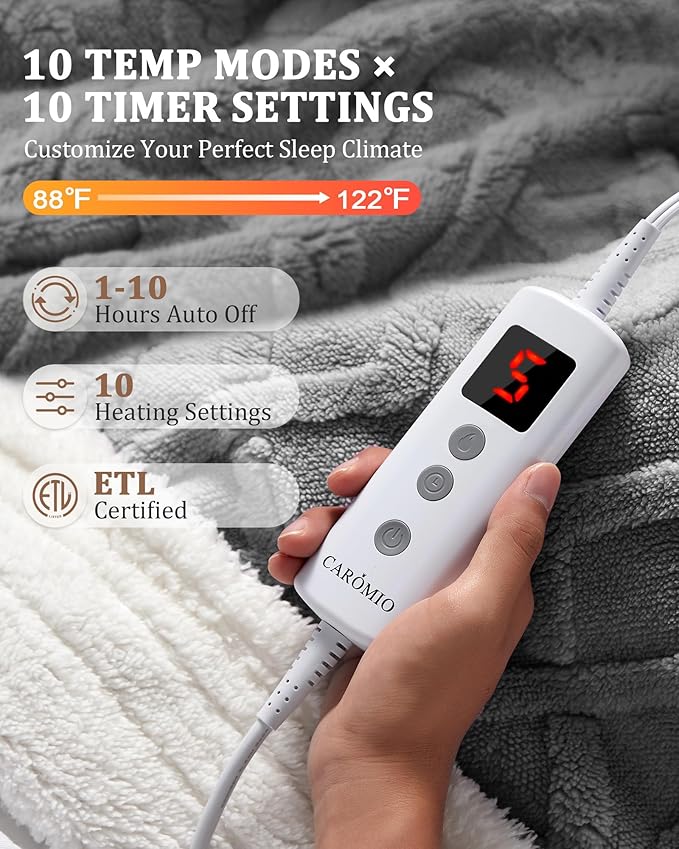 CAROMIO Heated Throw Blanket - Thick Tufted Sherpa Electric Blanket Throw with 10 Heating Levels and 10 Time Settings, ETL Certified Machine Washable Fast Heating Blanket Throw 50"×60", Grey