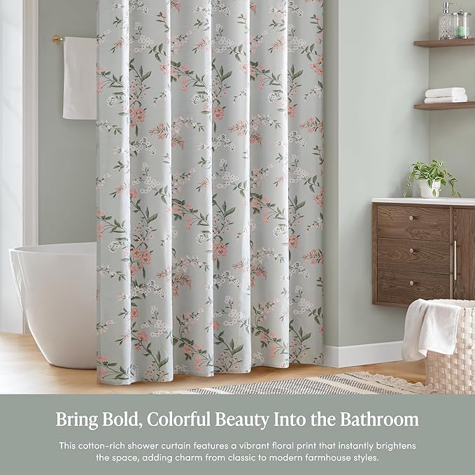 Martha Stewart Meadow Floral Shower Curtain, Cotton-Rich Slub Texture, Timeless Garden Design, Classic to Modern Farmhouse Bathroom Decor, Machine Washable 72"x84", Green