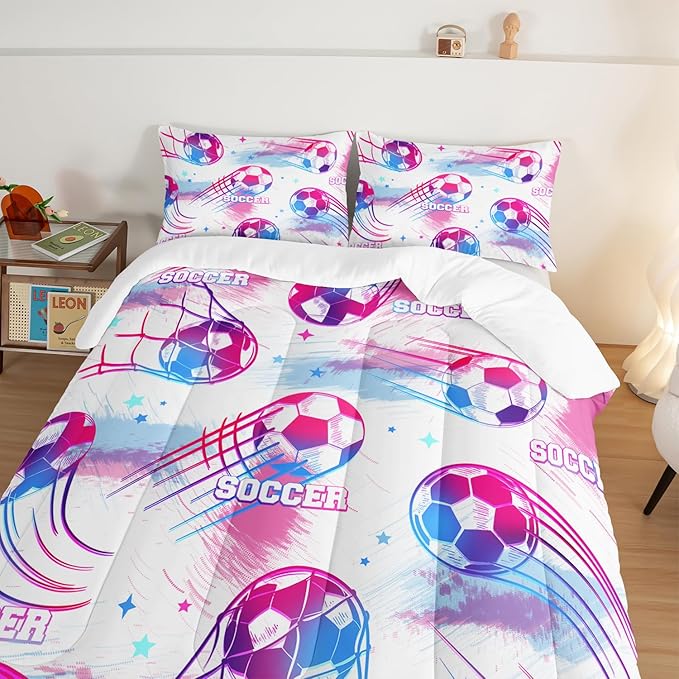 Ball Games Bedding Football King Comforter Set,Pink and Blue Soccers Stars Bedding Set for Kids Girls Boys Room Decor,Sports on The Court Aesthetic Bedding Sets with 2 Pillowcases.