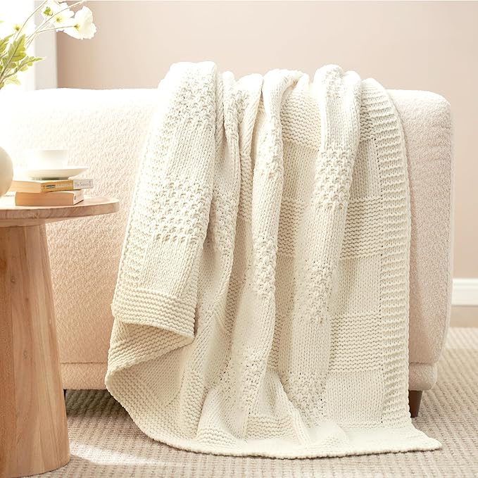 Amélie Home Checkered Chenille Knit Throw Blanket for Couch, Classic Texture Decorative Soft Blanket for Sofa, Chair & Bedroom, 50"x60", Ivory