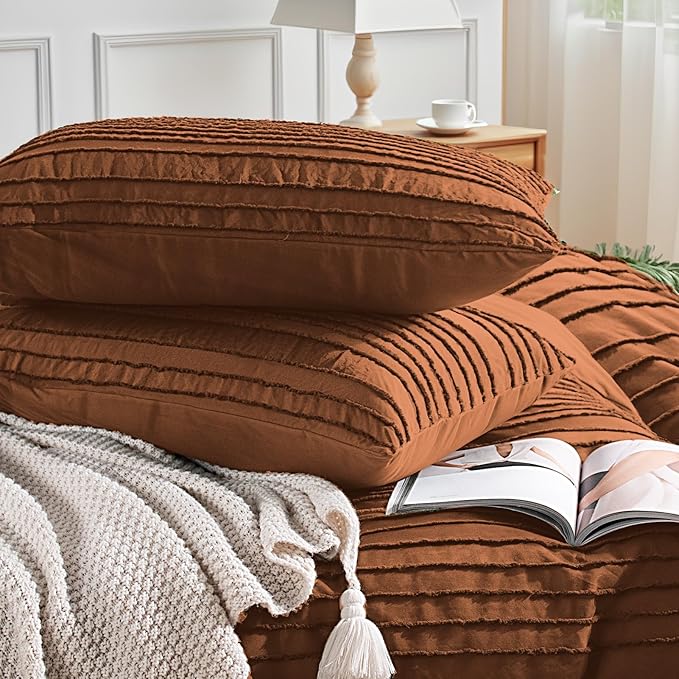 NEXHOME PRO Duvet Cover Full Size, Brunt Orange 3 Pieces Boho Tufted Duvet Cover Set, Soft and Lightweight Microfiber Comforter Cover Set for All Season (Brunt Orange Full, 80 x 90)-No Comforter