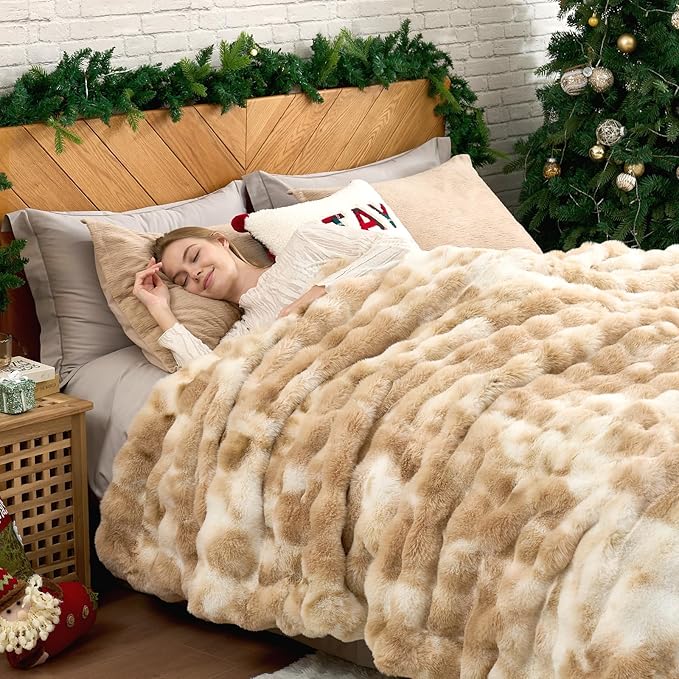 Cozy Bliss Faux Fur Throw Blanket Queen Size, Fuzzy Soft Plush Thick Bubble Blanket for Bed Couch Bedroom Living Room, 90x90 Inches Tie-dye Beige