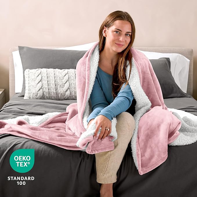 Bare Home Sherpa Fleece Blanket - Full/Queen Size - Blanket for Bed, Sofa, and Couch - Warm & Lightweight - Fluffy & Soft - Reversible (Full/Queen, Light Pink)