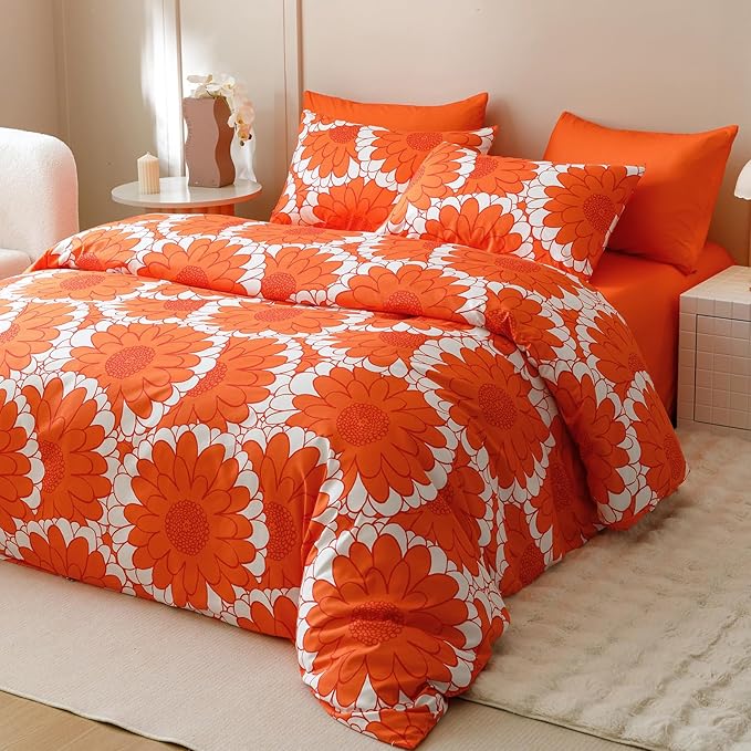 KAREVER Orange Sunflower Comforter Set King Size Orange Sunflower Bedding Set 3 PCs Comforter Set King Size Fluffy Linen Comforter Sets