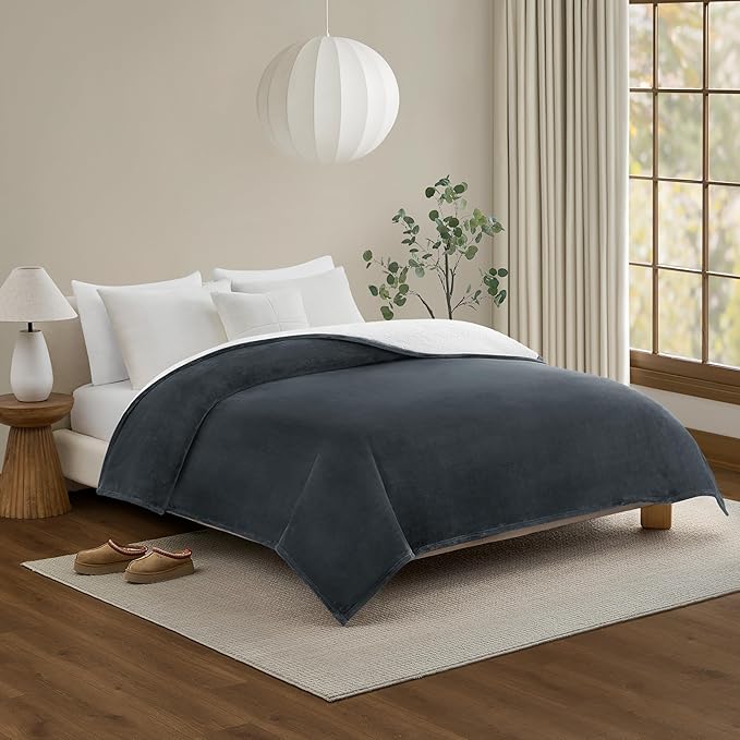 UGG Ariana Full/Queen Blanket Fleece Fluffy Reversible Soft Fuzzy Bedding Cozy Plush Warm Oversized Blanket Machine Washable Bedroom Decor for Big Couch or Bed, 90-inch x 90-inch, Charcoal Grey