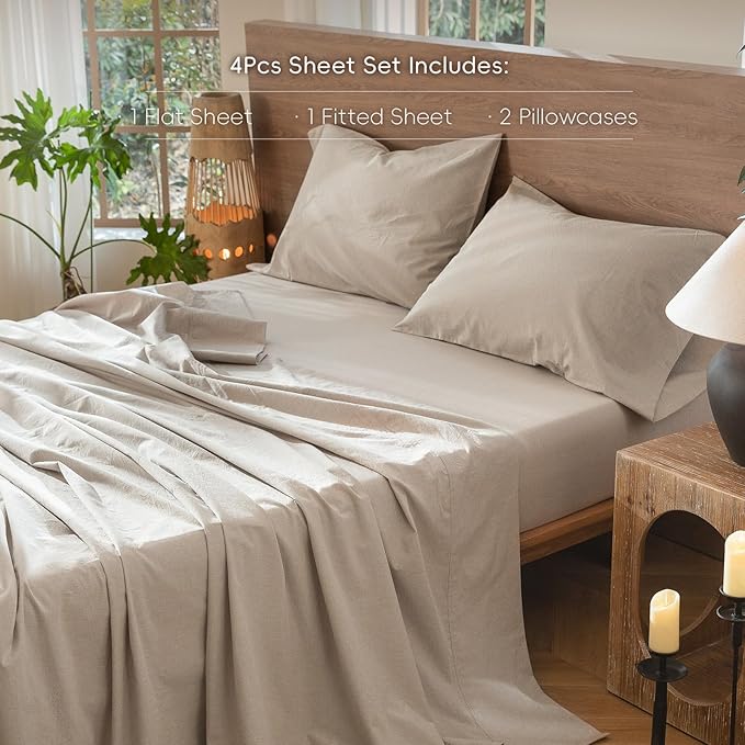 MooMee Bedding Sheet Set 100% Washed Cotton Linen Like Textured Breathable Durable Soft Comfy (Heathered Tannish Linen Grey, California King)