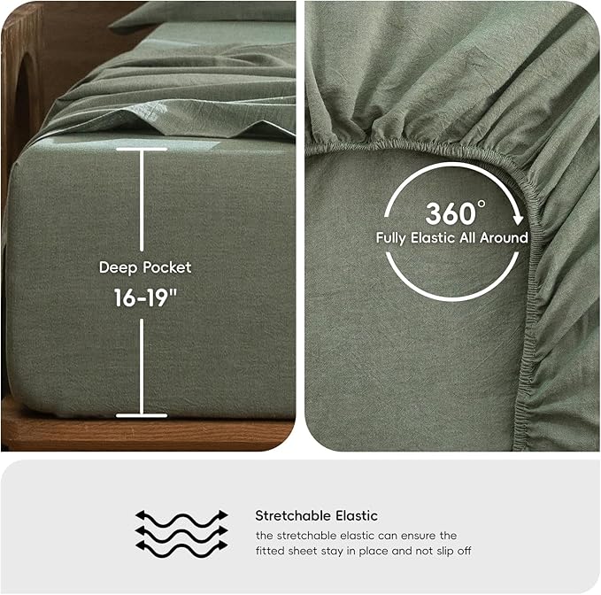 MooMee Bedding Sheet Set 100% Washed Cotton Linen Like Textured Breathable Durable Soft Comfy (Heathered Green, California King)