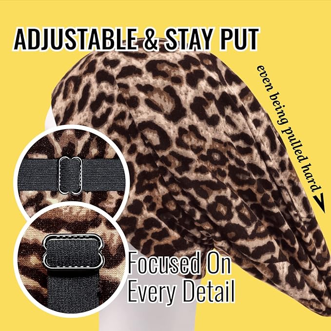 Satin Lined Sleep Cap Bonnet for Curly Hair and Braids, Stay On All Night Hair Wrap with Adjustable Strap for Women and Men, Brown Leopard, Pack of 1