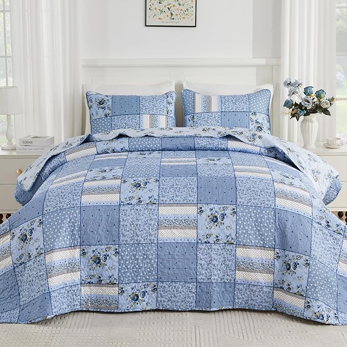 ENJOHOS 128x120 California King Quilt Sets Oversized, 3 Pcs Blue Plaid Floral Cal King Bedspread Coverlet Set for All Seasons, Patchwork Reversible Bedding Set