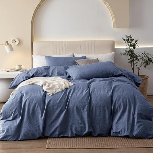 JIYUAN 100% Washed Cotton Duvet Cover Set 3 Pieces Oversized King, 1 Duvet Cover 120x98 Inches(Comforter Not Included) and 2 Pillowcases,Linen Like Comfy and Breathable,Heathered Blue