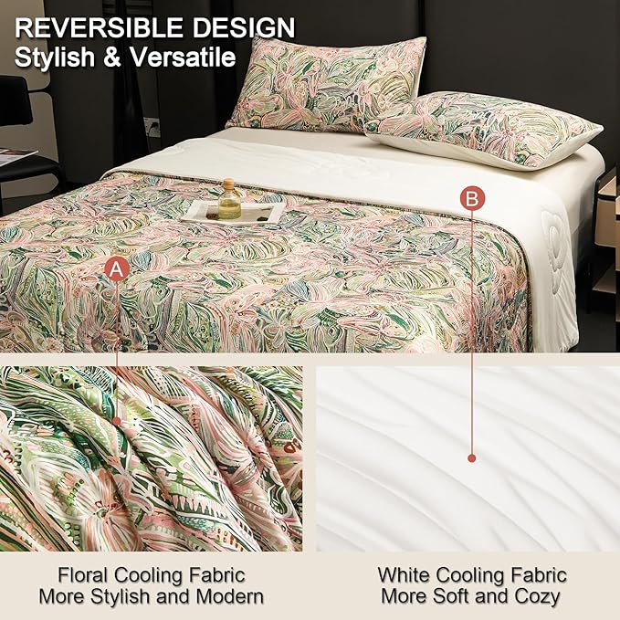 Cyusri Floral Print Cooling Comforter Set 3Pcs Breathable Cool Queen Size Bedding Set with 2 Pillowcases Green Pink Flowers Pattern Silky Cold Quilt, 90"x90"