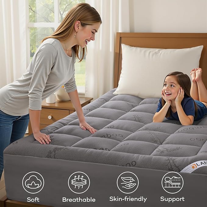 OLANLY Twin Mattress Topper – Viscose Made from Bamboo, Cooling Soft Twin Pillow Top Mattress Pad for Back Pain Relief, Plush Down Alternative Fill Bed Topper with Elastic Deep Pocket, Light Gray