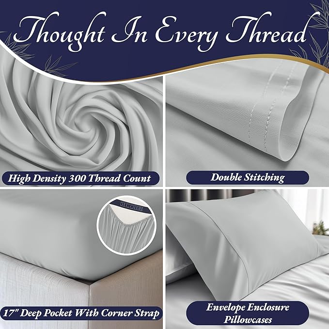 DECOLURE 100% Viscose Derived from Bamboo Sheets Full Size 4pcs - Ultra Soft & Luxuriously Cooling, 17" Deep Pocket, Double Stitching, Perfect for Hot Sleepers - Full Bed Sheets (Light Grey)