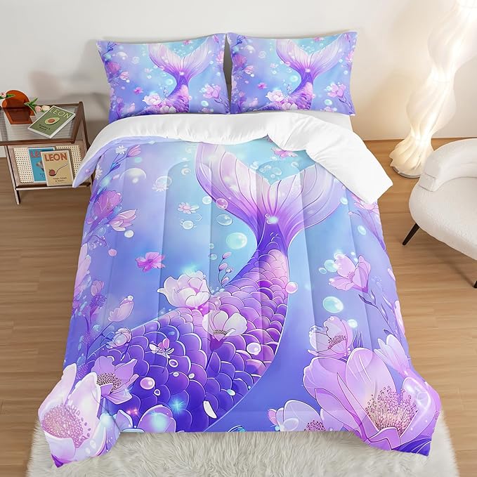 Pretty Mermaid Comforter Full for Girls Kids, Mermaid Fish Scale Floral Pattern Bedding for Girls Bedroom Decor, Ocean Themed Comforter Bedding Set with 2 Pillowcases