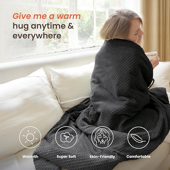 Heated Blanket Electric Throw Waffle, 50x60 Inches Sherpa Fleece Fast Heating Blanket 6 Heating Levels & 4 Hours Auto Off ETL Certification,Charcoal Grey Throw