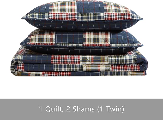 Eddie Bauer - King Quilt Set, Cotton Reversible Bedding with Matching Shams, Luxurious Bedding Set (Madrona Navy/Red, King)