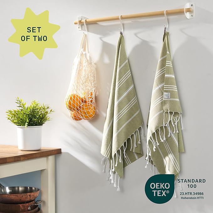 WETCAT Turkish Hand Towels with Hanging Loop, Set of 2 (20" x 30") 100% Turkish Cotton, Pre-Washed, Quick Drying, for Kitchen or Bathroom - Sage Green