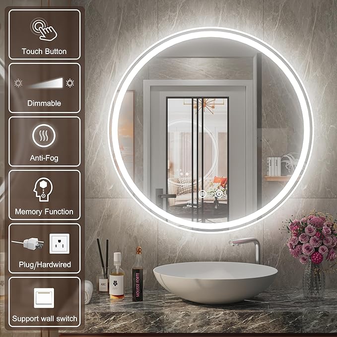 32 Inch Round LED Bathroom Mirror with Anti-Fog, Dimmable Front & Backlit Lights, 6000K Daylight, Frameless, 5mm HD Glass, Memory Function, Touch Control