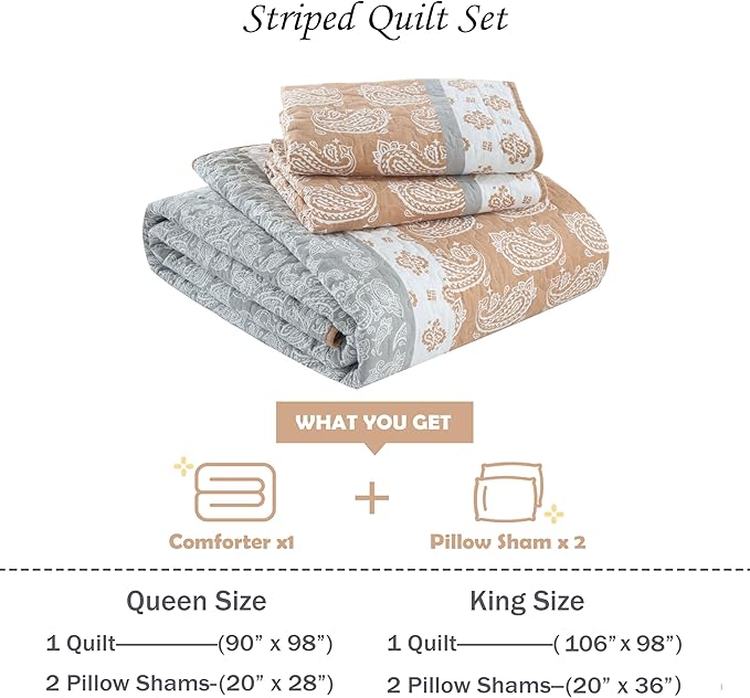 Terracotta Comforter Set, Cotton Quilt King Size, Orange Gray Quilt Set Bedding Set, Soft Striped Bedspread Set King All Season 3 Piece