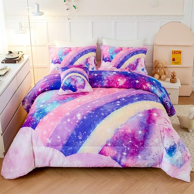 ANGIYUIN 6 Pcs Tie Dye Pink Twin Comforter Set for Girls Rainbow Galaxy Gradient Bed in A Bag Pastle Nebula Kids Bedding Set with Sheets, Comforter and Pillowcases for All Season