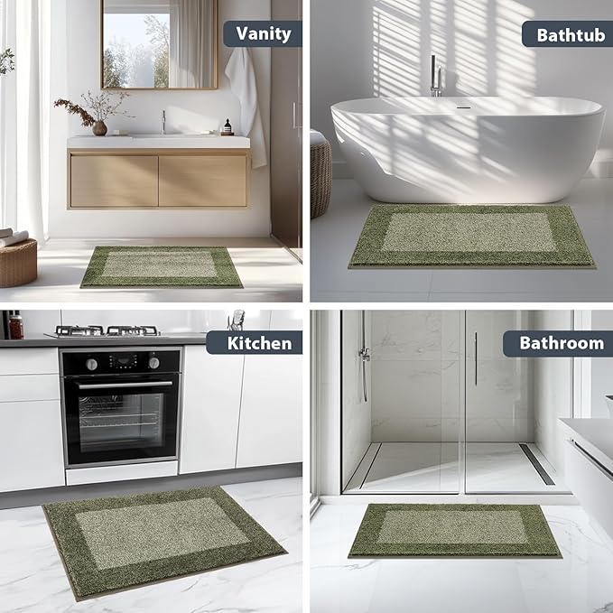 Bathroom Rugs 24" x 60", Non-Slip Extra Soft Absorbent Bath Rugs, Machine Washable Quick Dry Bath Mats for Bathroom Floor, Shower, Bathtub and Sink, Olive Green & Green