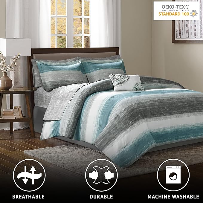 Madison Park Essentials Queen Comforter Set, Bed in a Bag Queen, Watercolor Print Coastal Comforter & Chambray Cotton Sheet Set, All Season Bedding Set, Saben, Aqua Queen (90 in x 90 in) 9 Piece